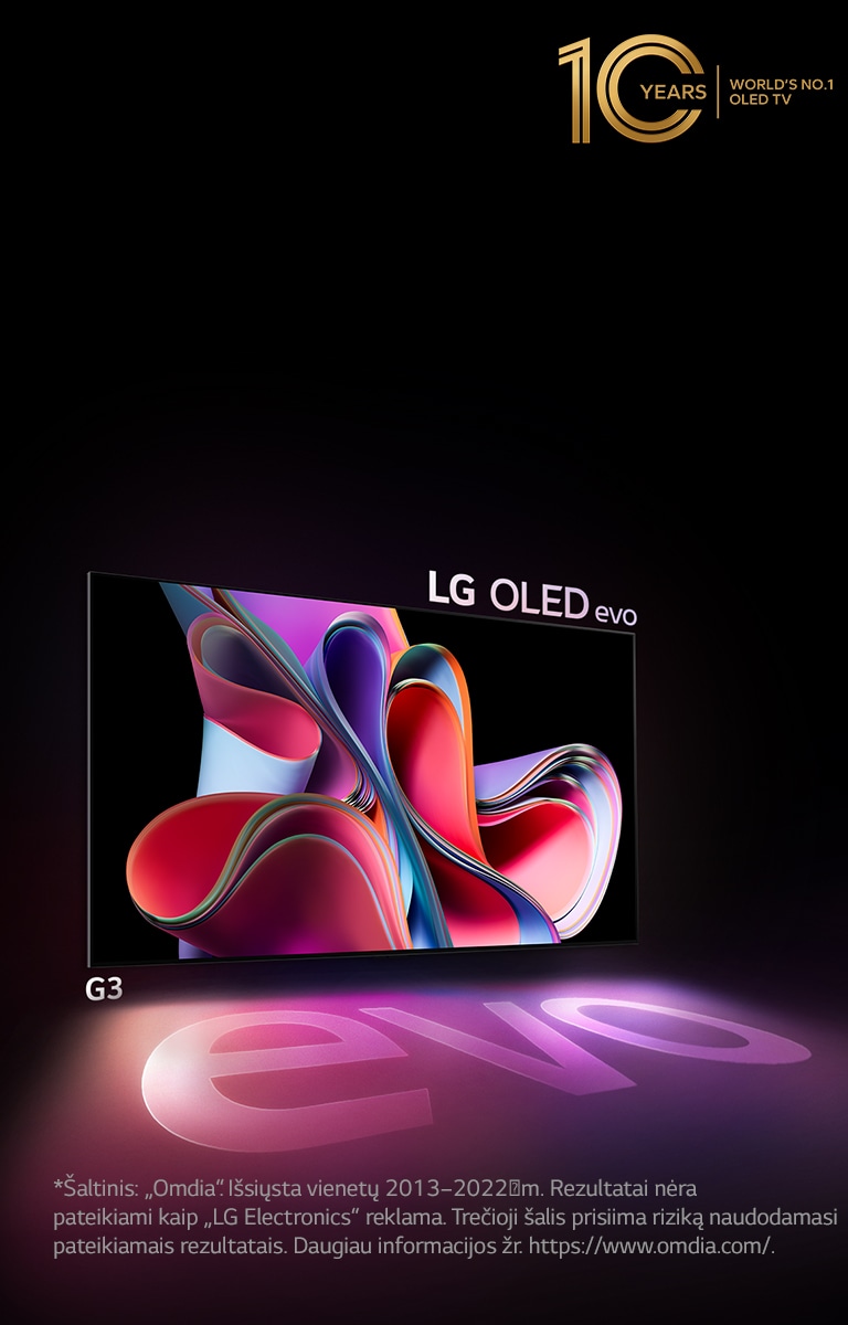 LG OLED G3 vaizdas juodame fone, matomi ryškiai rožiniai ir violetiniai meno kūriniai. Ekranas meta spalvingą šešėlį, kuriame yra žodis „evo“. Vaizdo kairiajame viršutiniame kampe yra emblema „10 metų pasaulio OLED televizorius Nr. 1“. 
