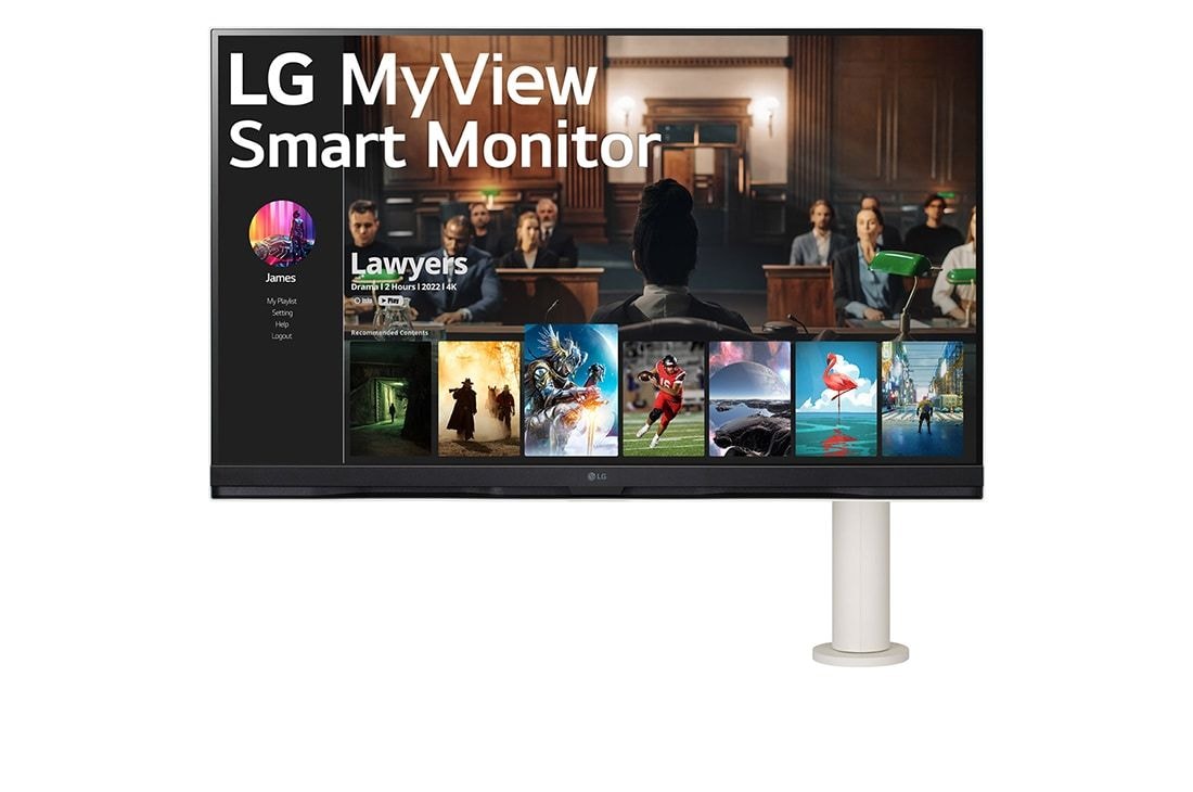 LG 32 colių 4K UHD išmanusis monitorius su „webOS“ ir „Ergo“ stovu, vaizdas iš priekio, monitoriaus petys dešinėje, 32SQ780S-W