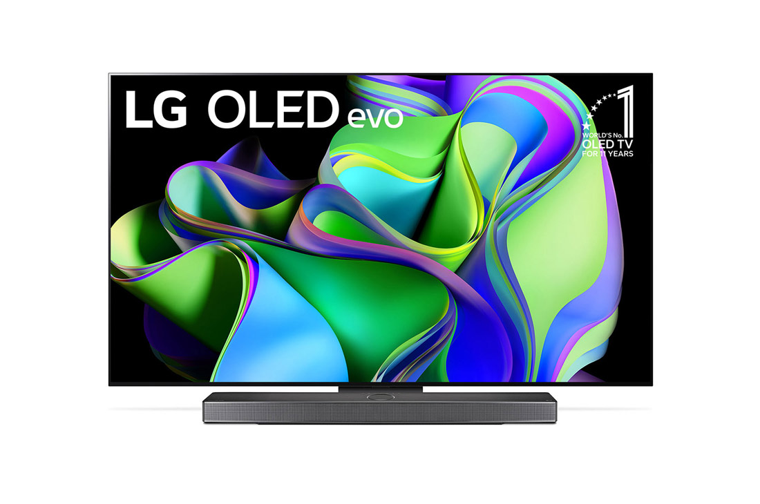 LG 2023 m. LG OLED evo C3 77 colių 4K išmanusis televizorius, „LG OLED evo“ vaizdas su „11 Years World No.1 OLED“ emblema ekrane ir apačioje padėtu horizontaliuoju garsiakalbiu. , OLED77C32LA