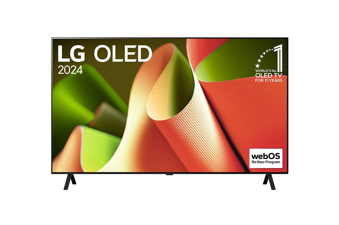 LG 65 colių LG OLED evo B4 4K išmanusis televizorius OLED65B4, Vaizdas iš priekio su LG OLED TV, OLED B4, „11 Years of world number 1 OLED“ emblema ir „webOS Re:New Program“ logotipu ekrane su 2 polių stovu, OLED65B42LA