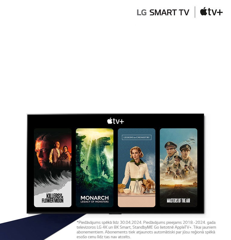 LG OLED TV attēls. Apple TV+ saturs ir redzams ekrānā, un virsraksts ir “Iegūstiet 3 mēnešus Apple TV+ bez maksas ar LG Smart TV”.
