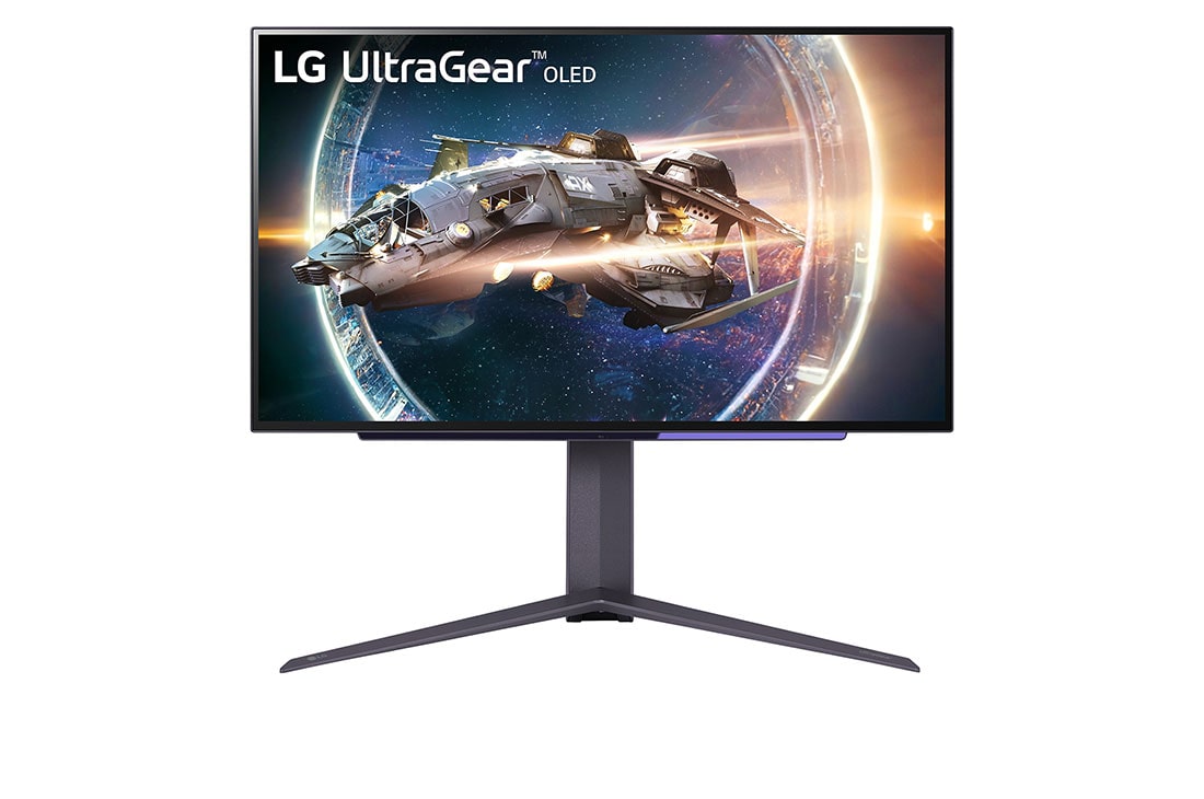 LG 27 collu UltraGear™ OLED spēļu monitors QHD ar 240Hz atsvaidzes intensitāti 0,03ms (GtG) reakcijas laiks, skats no priekšpuses, 27GR95QE-B
