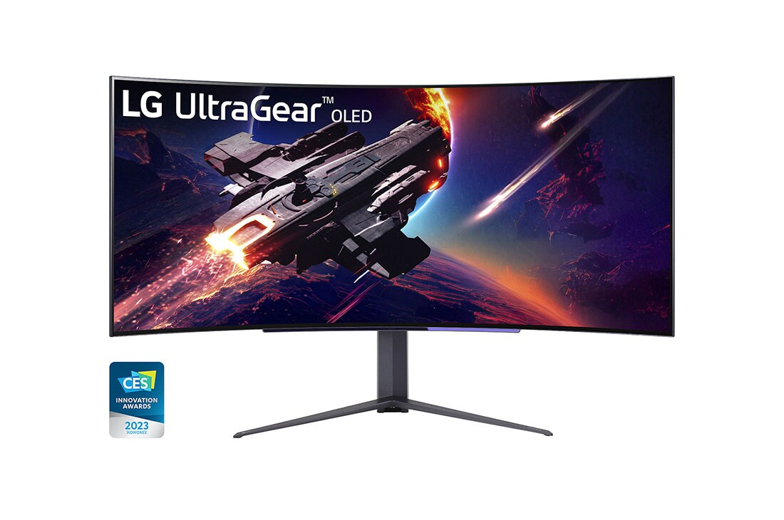 LG 45 collu UltraGear™ OLED izliekts monitors spēlēm WQHD ar 240 Hz atsvaidzes intensitāti, 0.03ms (GtG) reakcijas laiku, skats no priekšpuses, 45GR95QE-B