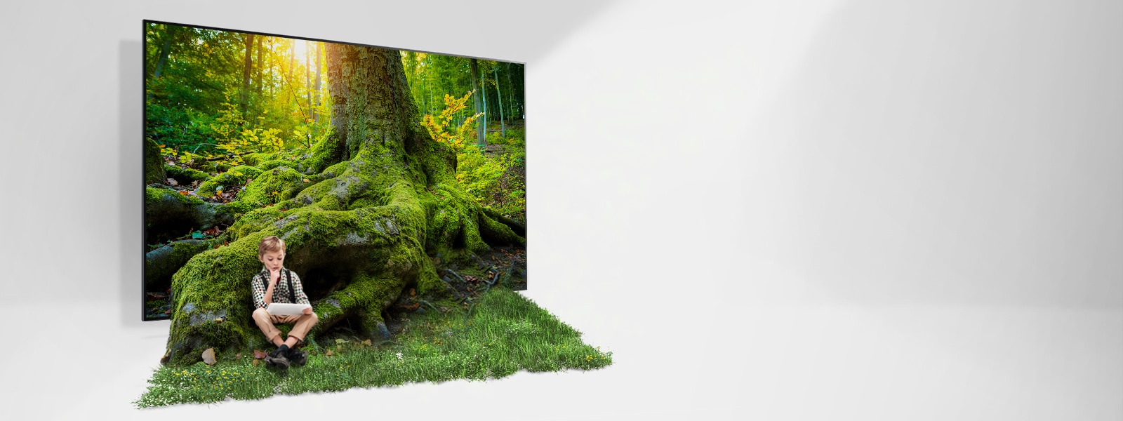 La racine d’un arbre géant sort d’un écran de téléviseur et couvre le sol d’herbe. Un enfant est assis dans l’herbe.