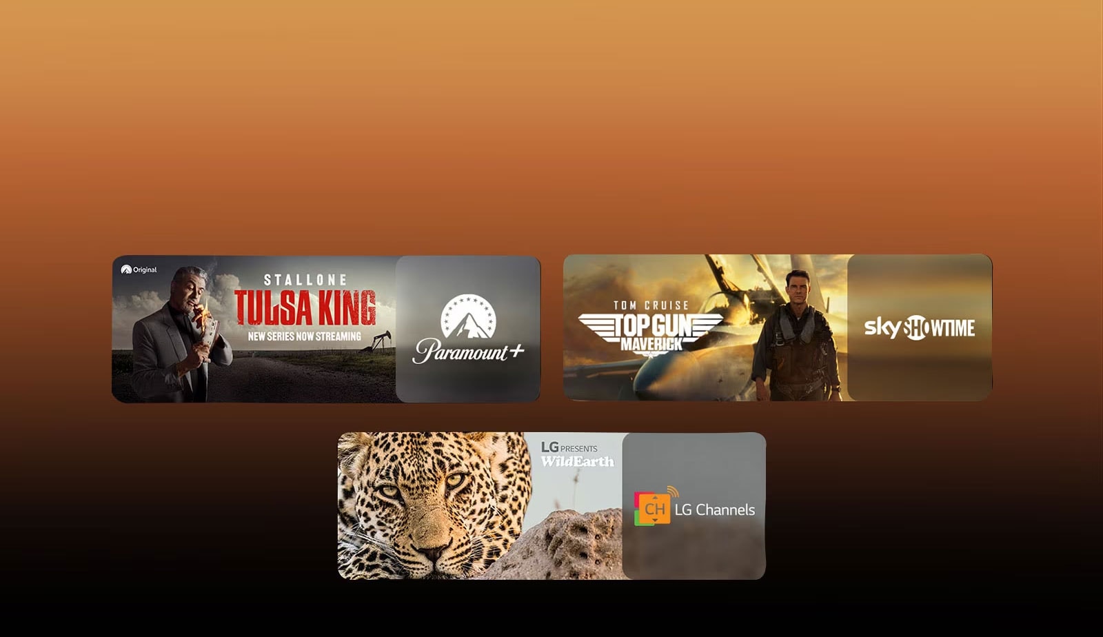 There are logos of streaming service platforms and matching footages right next to each logo. There are images of  Paramount+'s Tulsa King, Dsky showtime's TOP GUN, and LG CHANNELS' leopard.