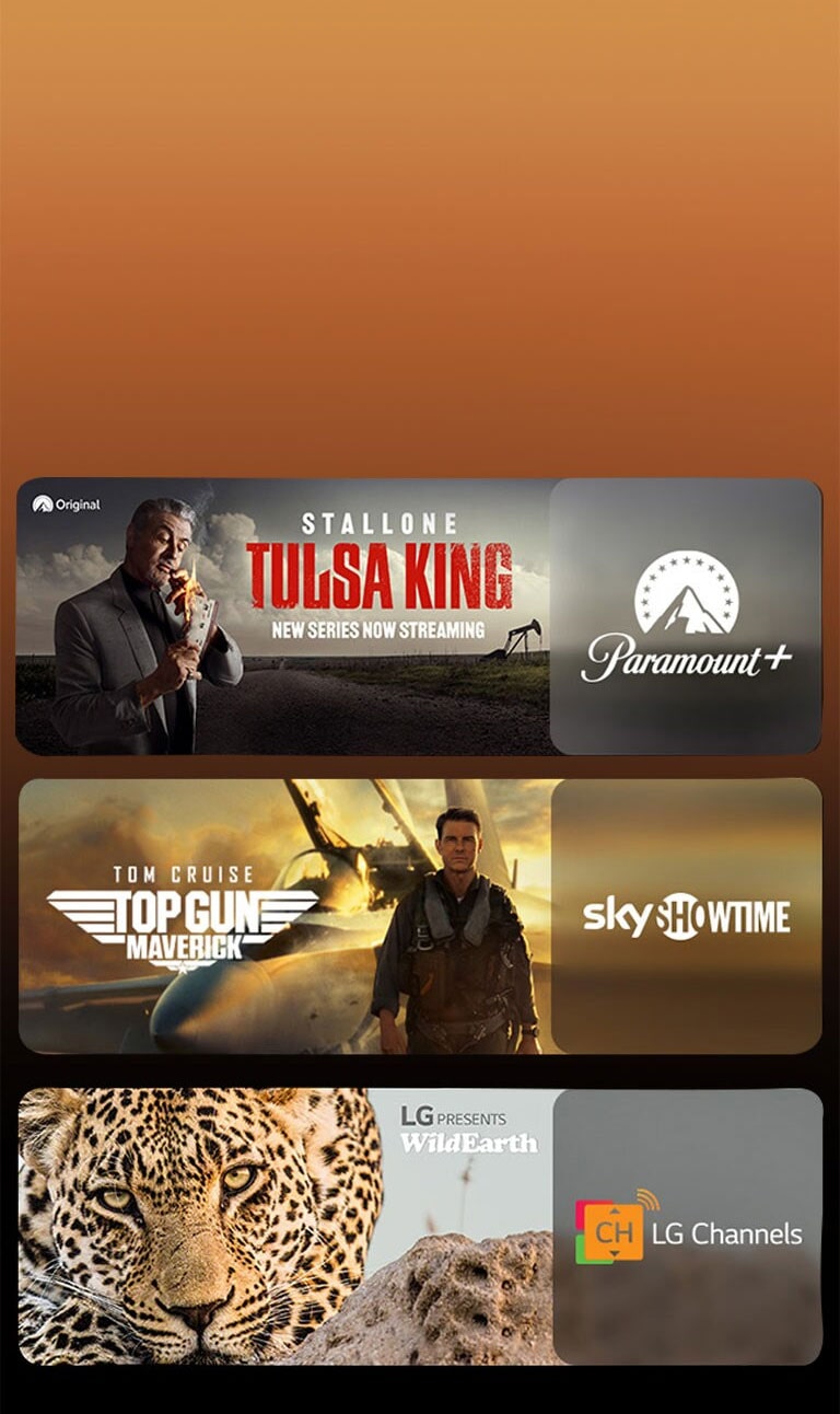 There are logos of streaming service platforms and matching footages right next to each logo. There are images of  Paramount+'s Tulsa King, Dsky showtime's TOP GUN, and LG CHANNELS' leopard.