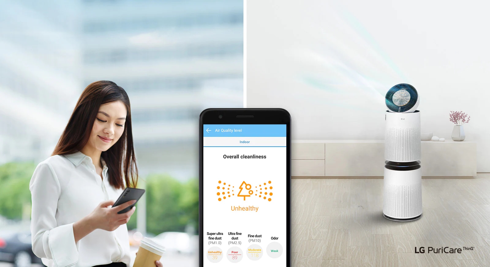 A woman looks at her phone on the left and the air purifier sits on the right. An image of the phone display is in the foreground showing the air quality and other statistics in the LG ThinQ app.