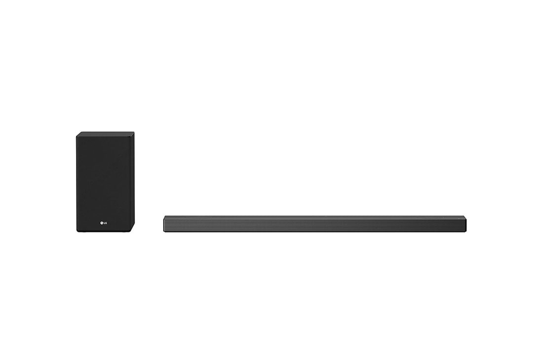 LG SN9Y 520W 5.1.2ch Hi-Res Dolby Atmos Sound Bar with Meridian Technology, front view with sub woofer, SN9Y