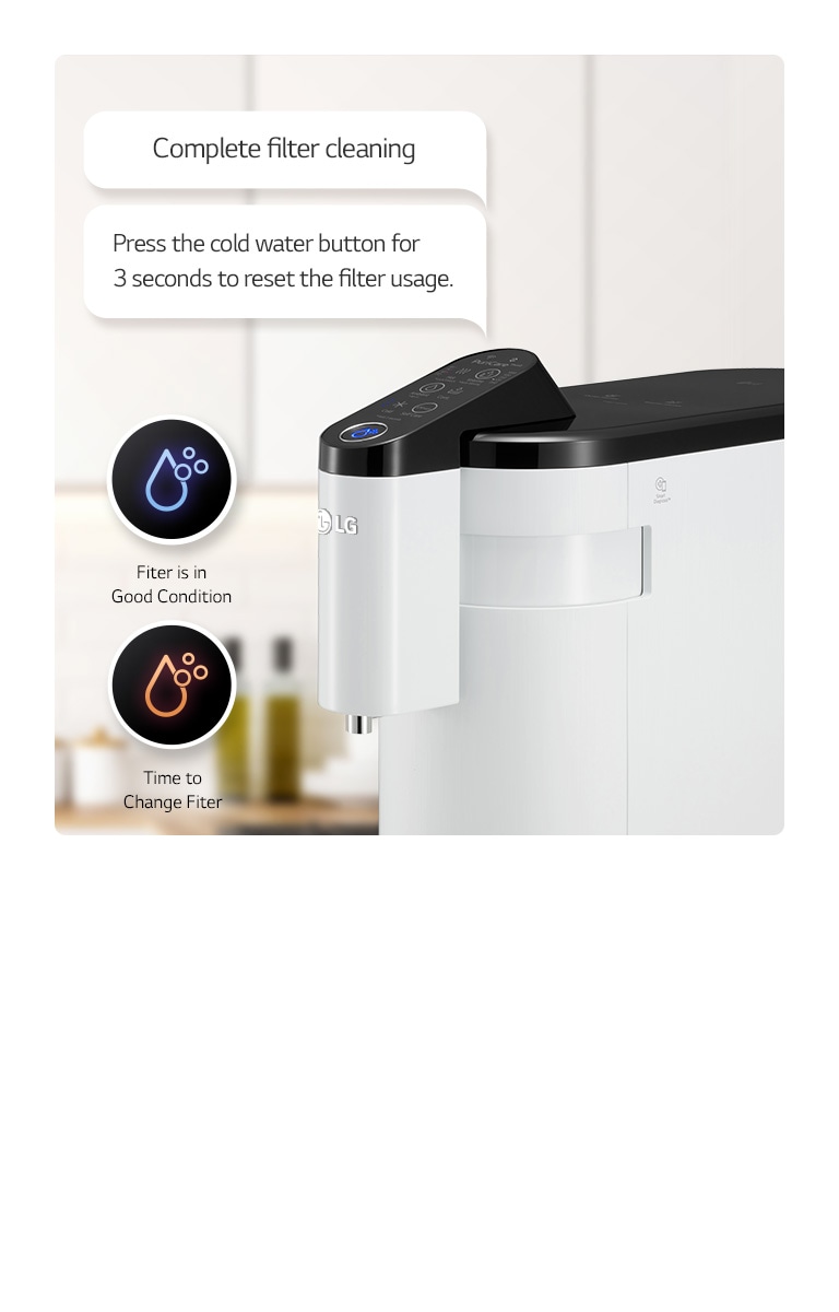 There is a water purifier in what is seen as a kitchen, a cold water hot water icon on the left, and a speech bubble