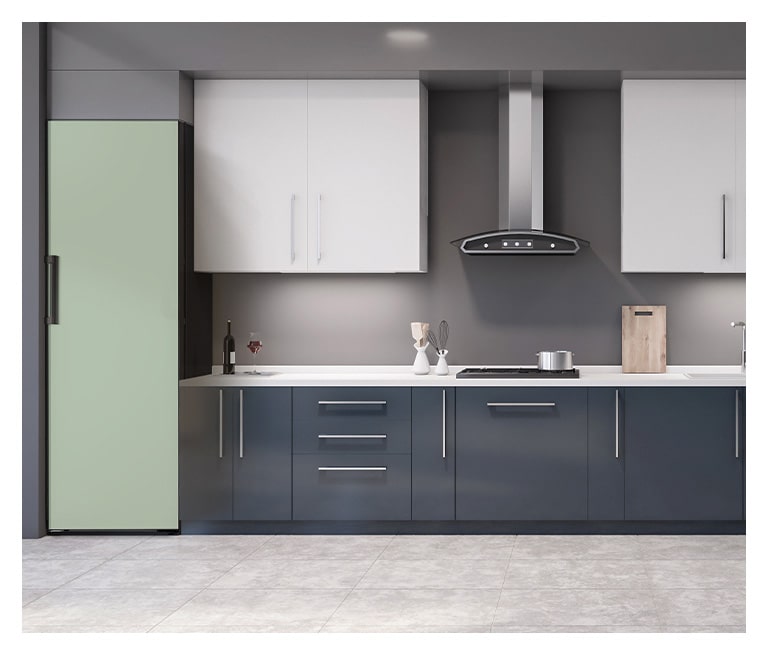 It shows mist mint color LG Larder Objet Collection is placed in a dark-tone modern kitchen.