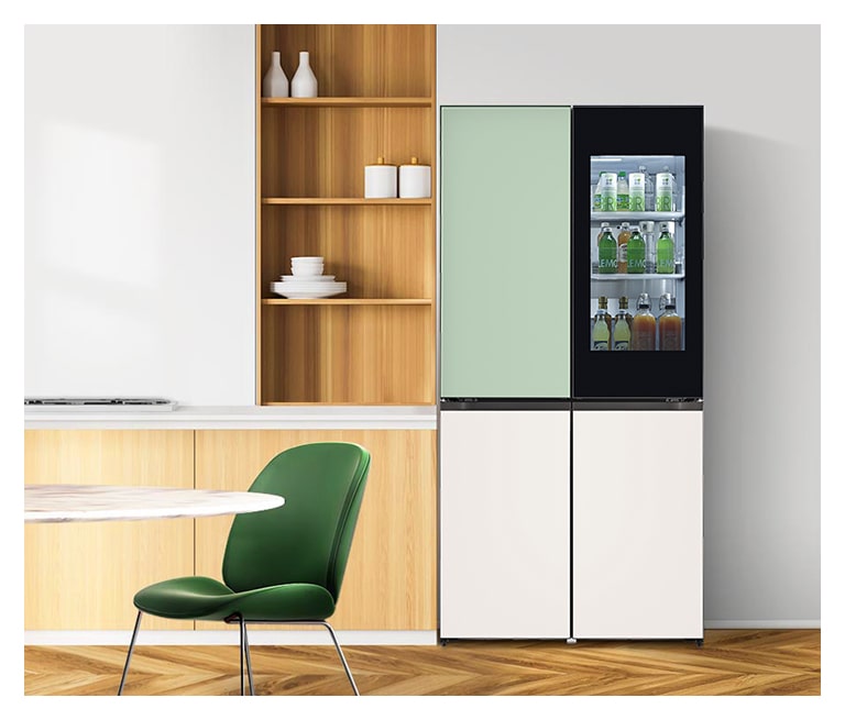 It shows mist mint&beige color LG French Door Objqet Collection is placed in a wood-tone modern kitchen.