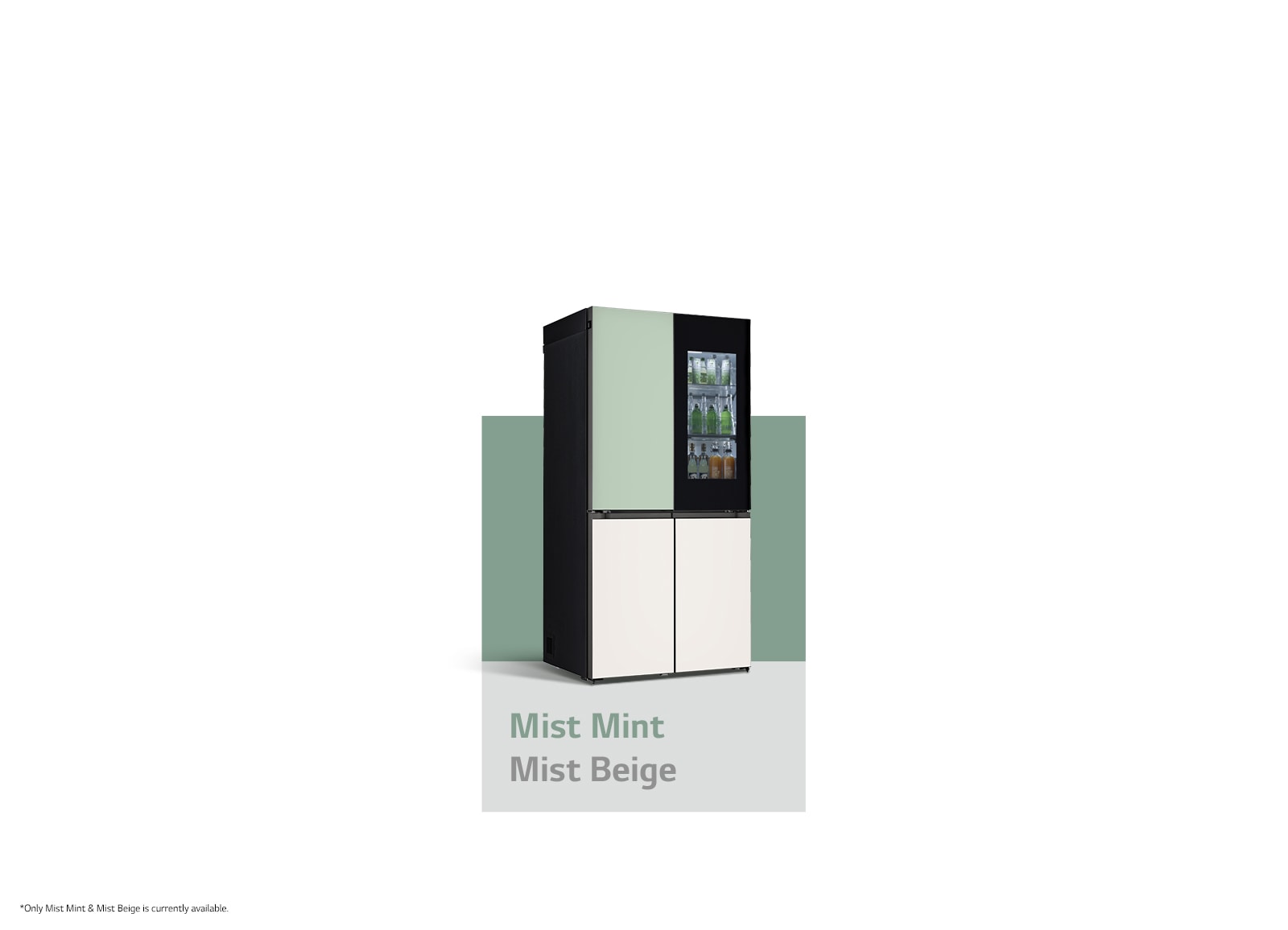 It shows mist mint&beige color LG French Door Objet Collection is placed in a dark-tone modern kitchen.