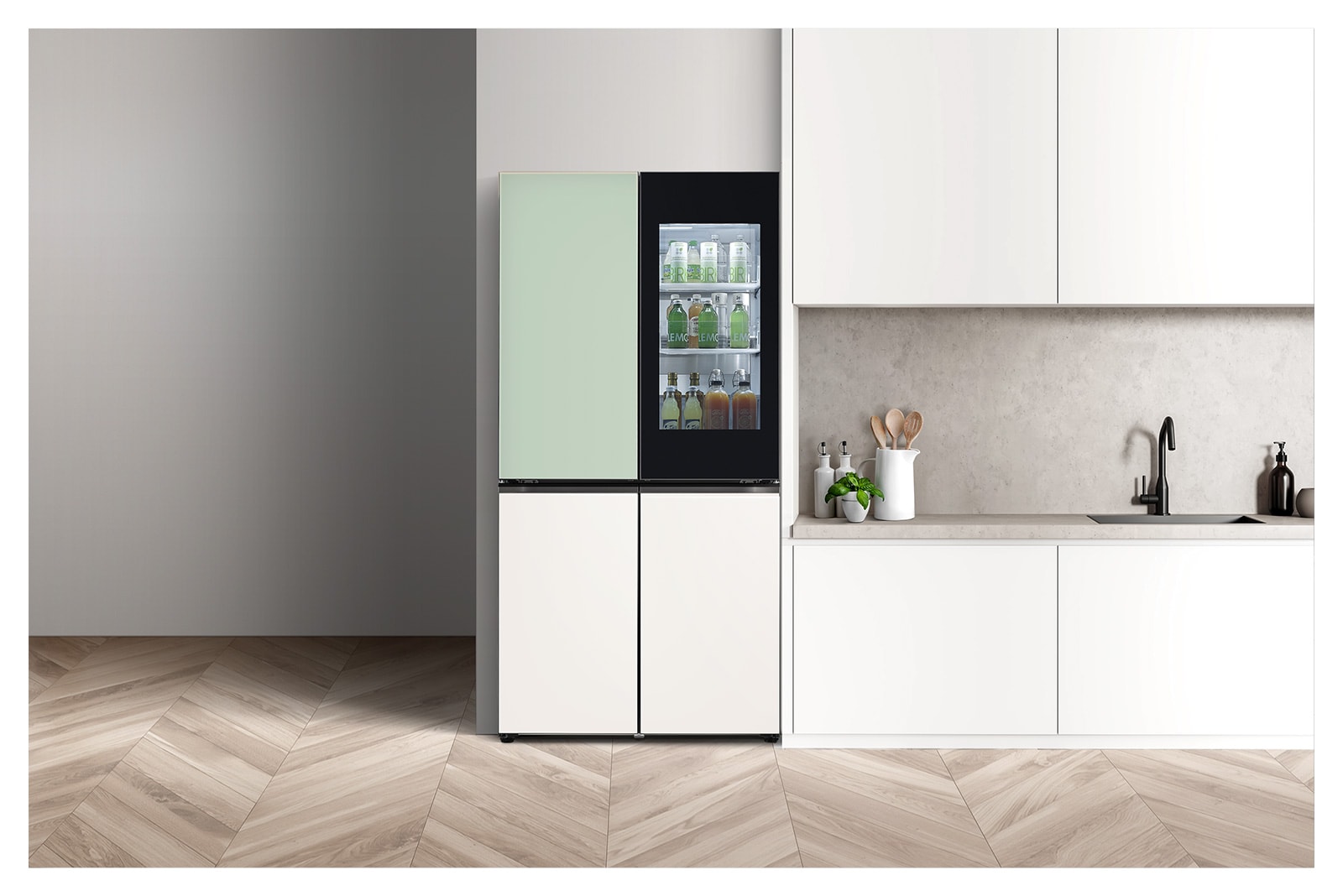 It shows mist mint&beige color LG French Door Objet Collection is placed in a light-tone modern kitchen.