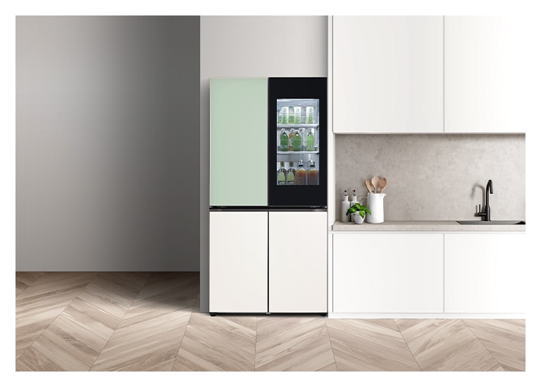 It shows mist mint&beige color LG French Door Objet Collection is placed in a light-tone modern kitchen.