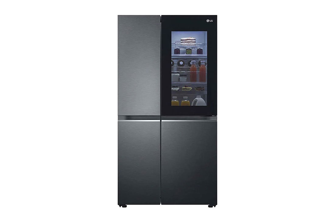 LG 655L Side by Side Fridge in Matte Black Finish, front view with lights on , GC-V257CQFW