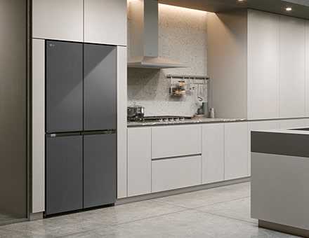 Modern kitchen interior with InstaView fridge.