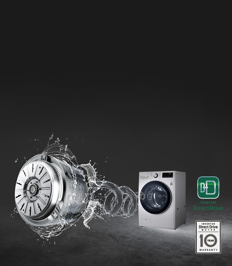 A grey background with the washing machine front loading washer highlighted and a swirl of water thrusting from the front to lead to an image of the Inverter Direct Drive Motor.