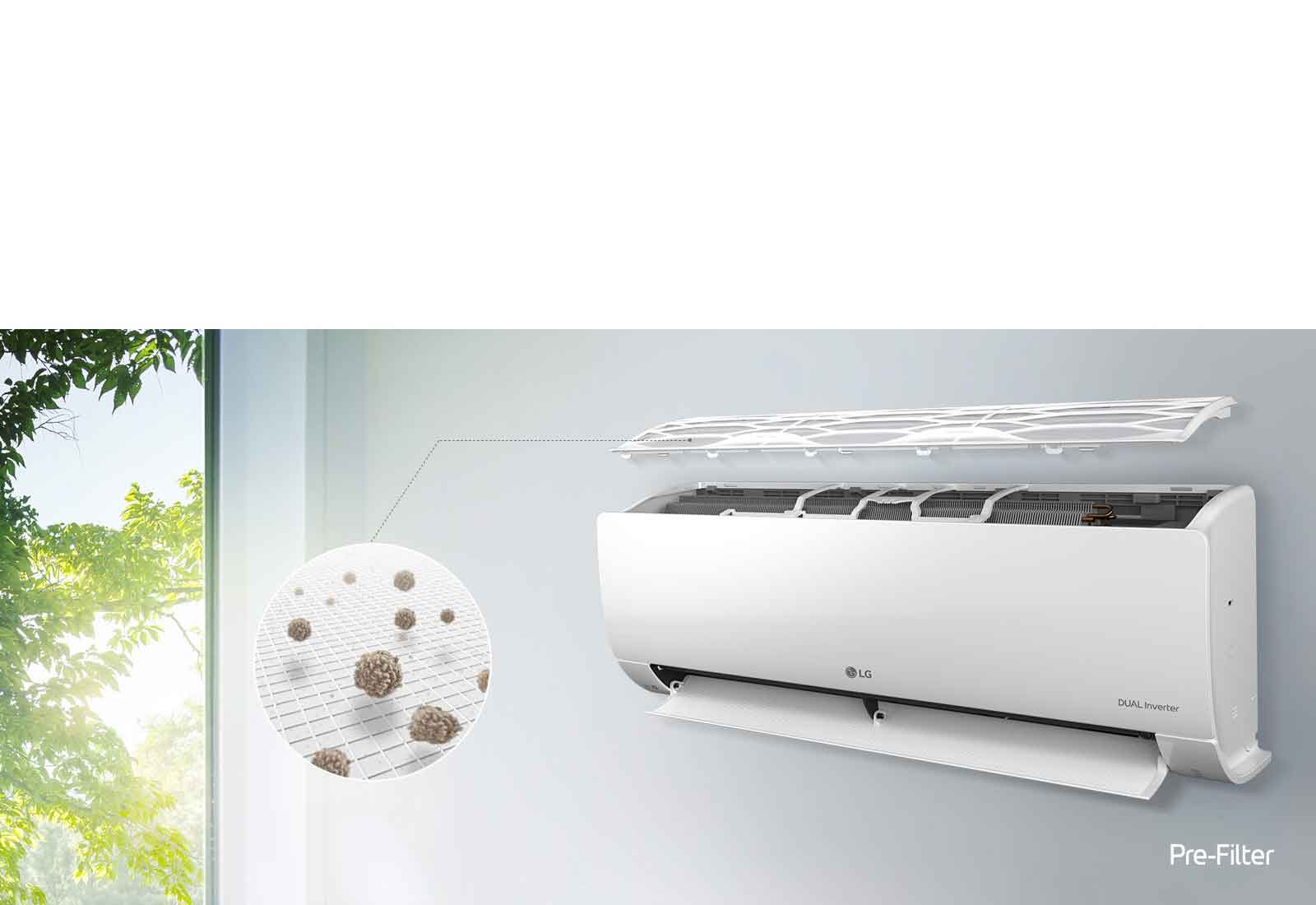 De LG-airconditioner is aan de muur bevestigd en gezien vanaf de zijkant. Het bovenste paneel is open, zodat de binnenste filters te zien zijn. Een lijn van het voorfilter leidt naar een vergrote cirkel die het stof toont dat in het voorfilter gevangen zit. Het logo van het voorfilter staat rechtsonder.