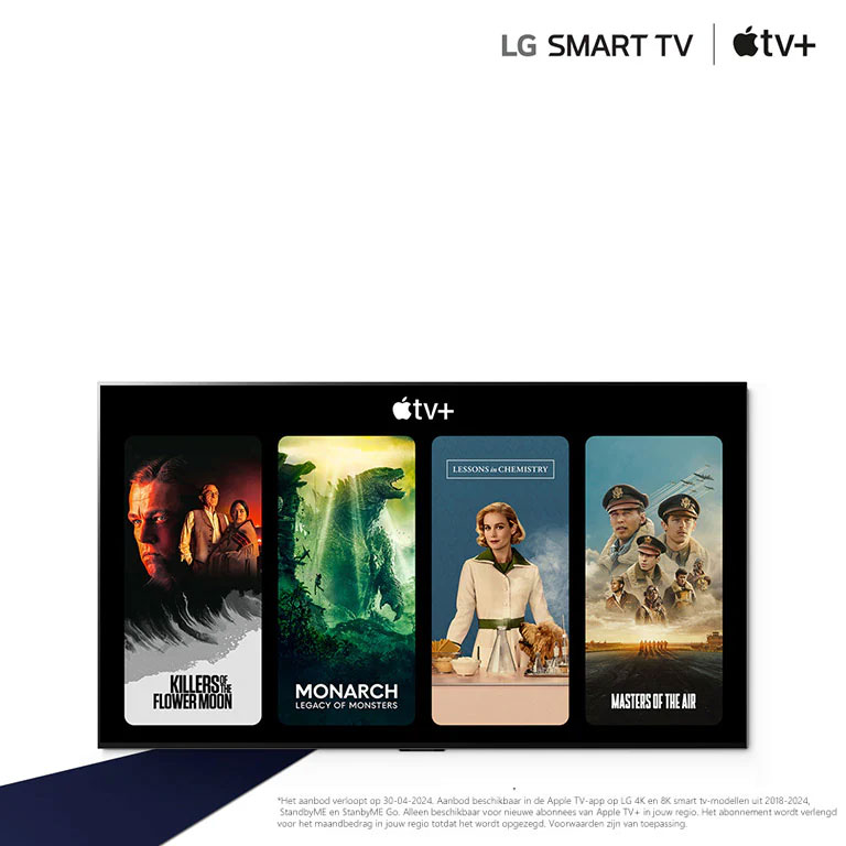 Een afbeelding van LG OLED TV. De inhoud van Apple TV+ staat op het scherm en de kop is 'Krijg drie maanden gratis Apple TV+ met LG Smart TV's'.