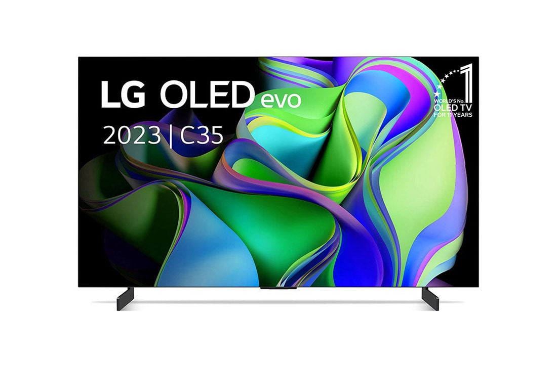 LG 42 inch LG OLED evo C3 4K Smart TV - OLED42C35LA, Vooraanzicht met LG OLED evo en 10 jaar nr. 1 OLED-embleem op het scherm, evenals de soundbar eronder. , OLED42C35LA