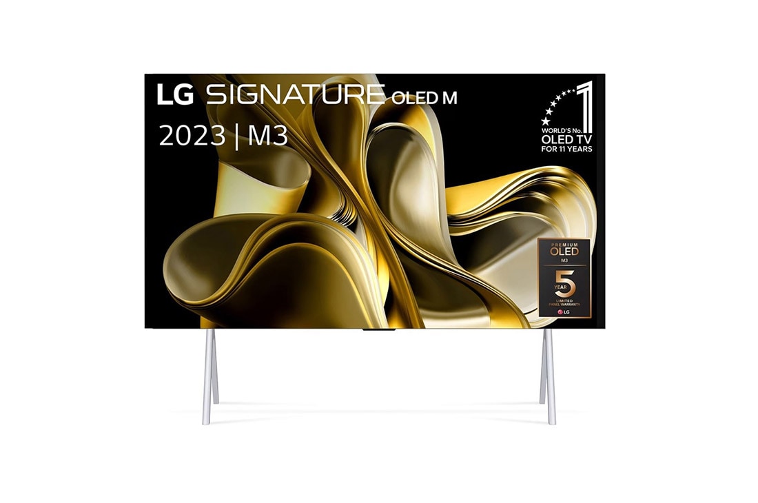 LG 97 inch LG Signature OLED M3 4K Smart TV met draadloze 4K verbinding, Vooraanzicht met LG OLED M3 op de standaard en Zero Connect Box eronder, 10 jaar wereld nummer 1 OLED-embleem, LG Signiture OLED M en 5 jaar paneelgarantielogo op het scherm, OLED97M39LA
