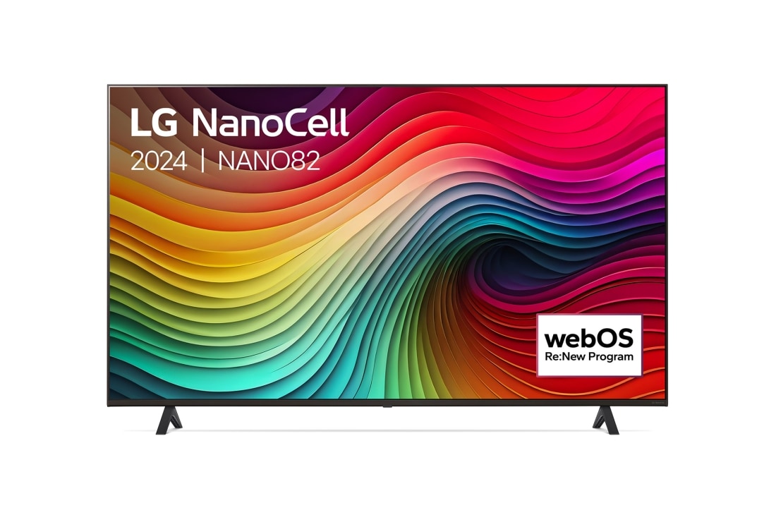 LG 65 Inch LG NanoCell NANO82 4K Smart TV 2024, Vooraanzicht van LG NanoCell TV, NANO82 met tekst van LG NanoCell, 2024, en webOS Re:New Program-logo op het scherm, 65NANO82T6B