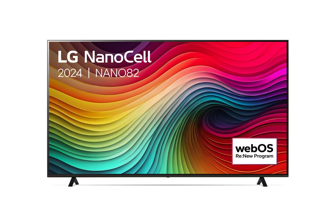 LG 75 Inch LG NanoCell NANO82 4K Smart TV 2024, Vooraanzicht van LG NanoCell TV, NANO81 met tekst van LG NanoCell, 2024, en webOS Re:New Program-logo op het scherm, 75NANO82T6B