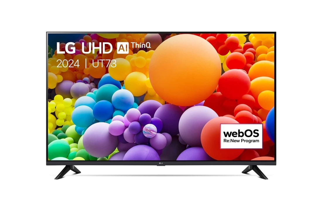 LG 43 Inch LG UHD UT73 4K Smart TV 2024, Vooraanzicht van LG UHD TV, UT73 met tekst van LG UHD AI ThinQ, 2024, en webOS Re:New Program-logo op het scherm, 43UT73006LA
