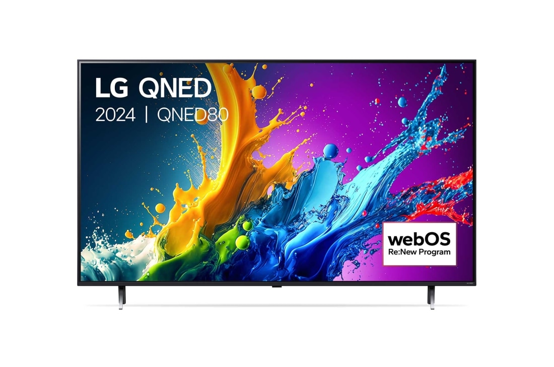 LG 65 Inch LG QNED QNED80 4K Smart TV 2024, Vooraanzicht van LG QNED TV, QNED80 met tekst van LG QNED, 2024, en webOS Re:New Program-logo op het scherm, 65QNED80T6A