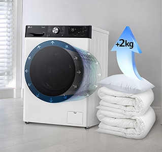 Dekens en kussens liggen naast de wasmachine, en op het kussen staat een pijl die het gewicht van het kussen met 2 kg verhoogt.
