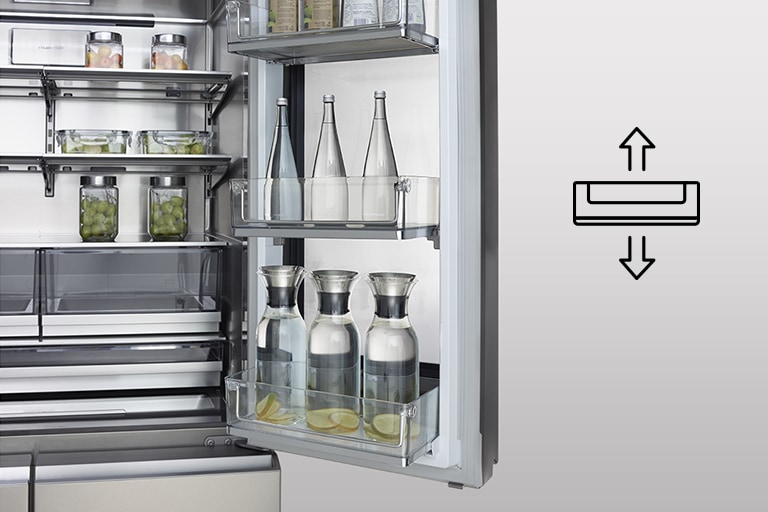 Door-in-door-hyllene i LG SIGNATURE-kjøleskapet med InstaView er fylt med flere flaskehøyder.