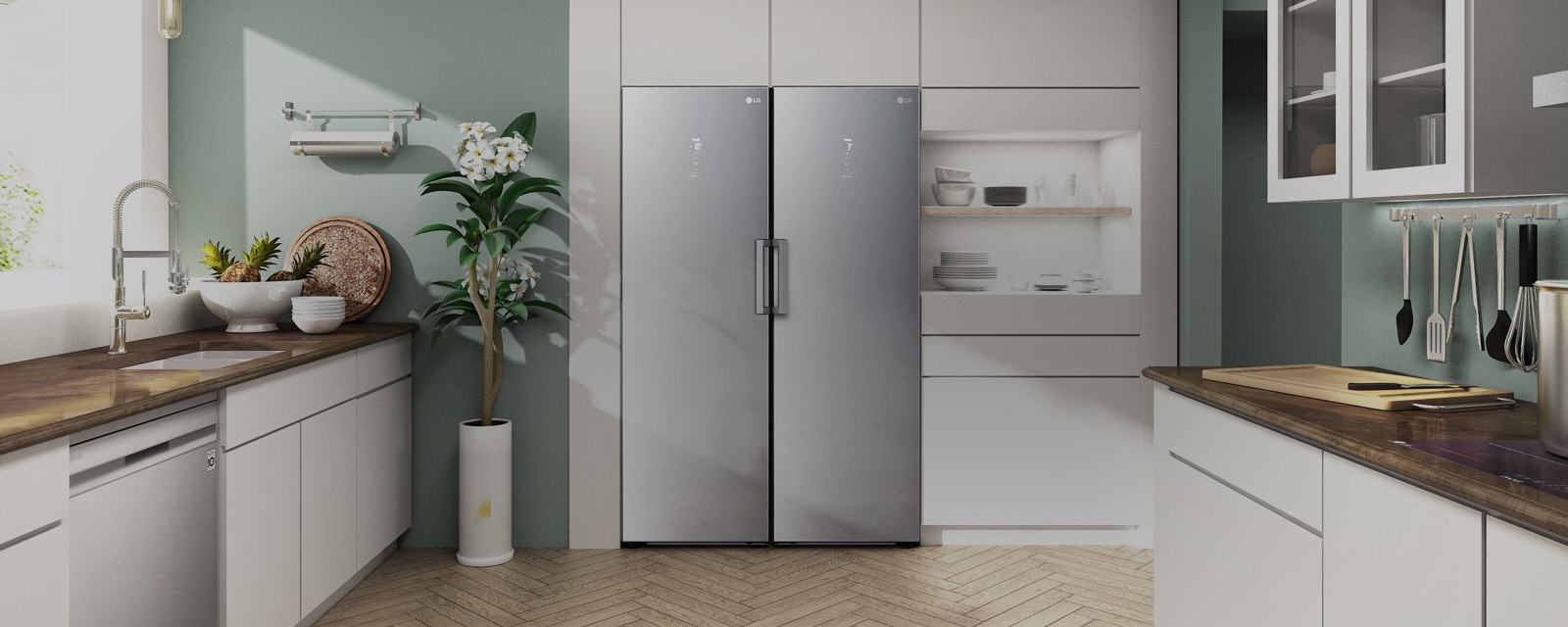 Kjøleskap og fryser vist forfra i et moderne kjøkken.