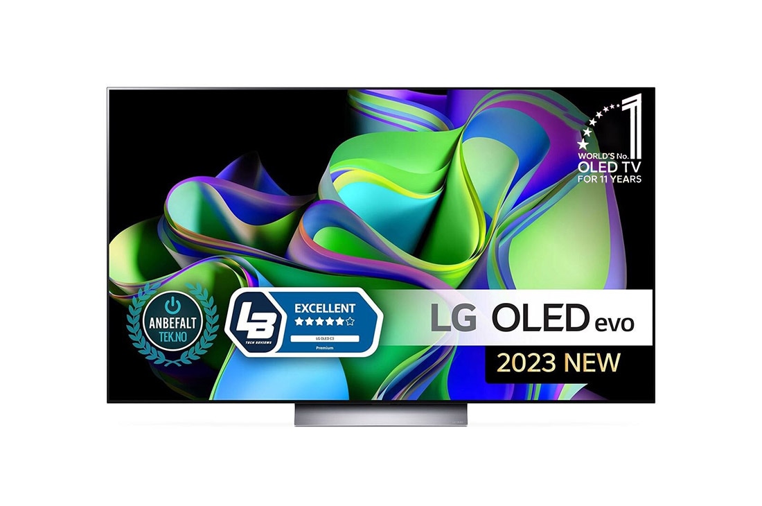 LG 65'' OLED evo C3 - 4K TV (2023), Visning forfra, med emblemer for LG OLED evo og 11 år som verdensledende OLED på skjermen, i tillegg til lydplanken nedenfor. , OLED65C34LA