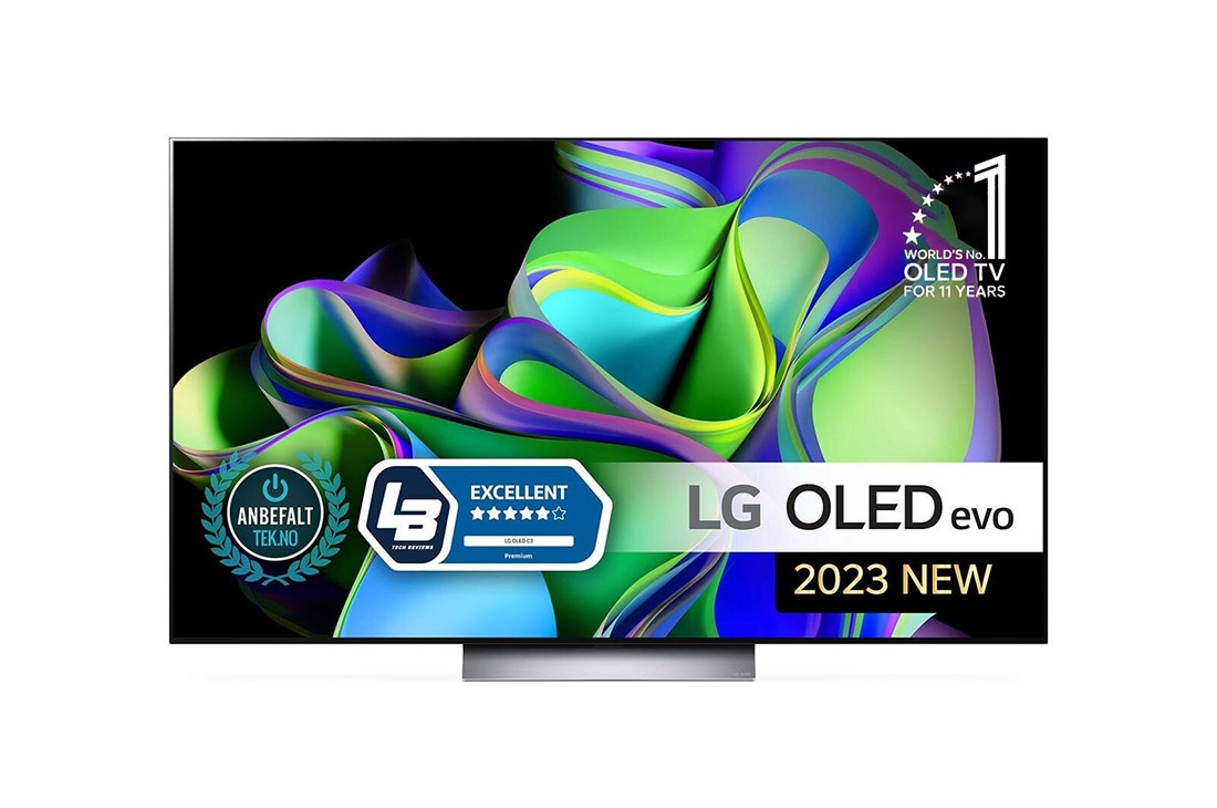 LG 77'' OLED evo C3 - 4K TV (2023), Visning forfra med emblemer for LG OLED evo og 11 år som verdensledende OLED på skjermen., OLED77C36LC