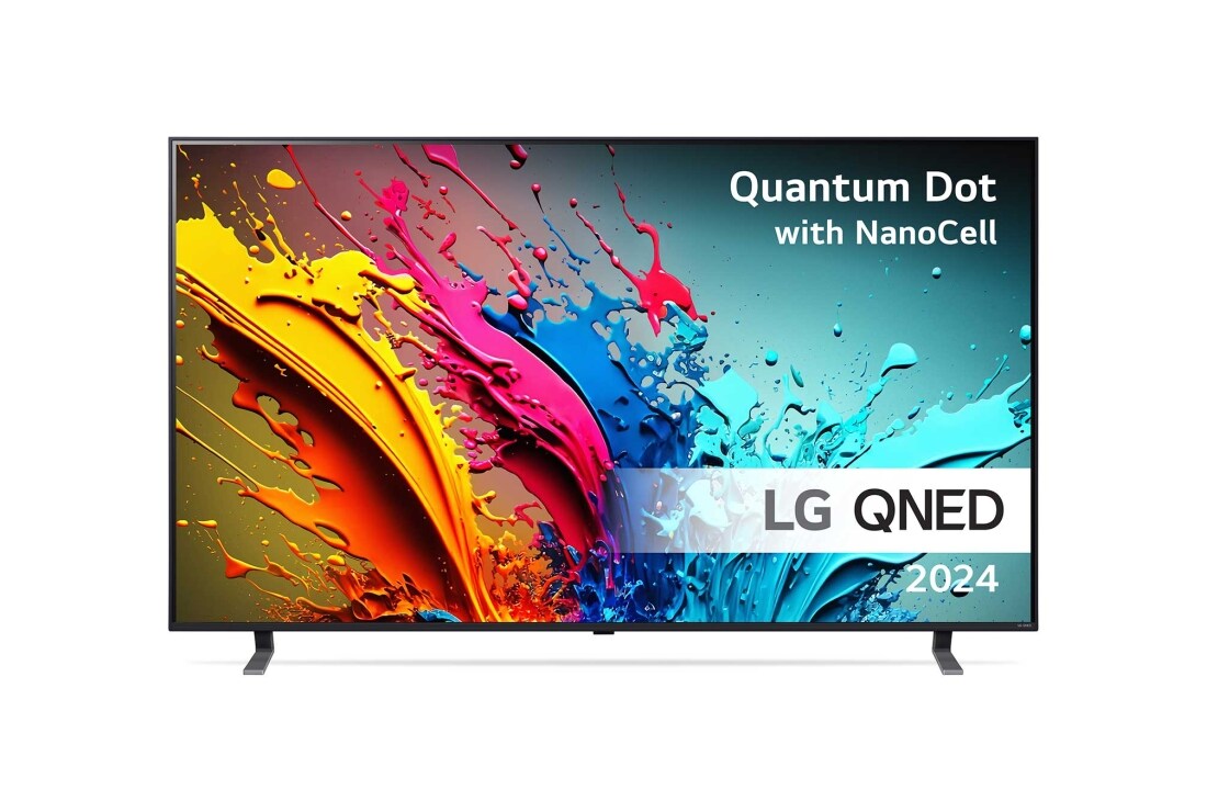 LG 86'' QNED 85 - 4K Smart TV (2024), LG QNED TV, QNED85 sett forfra med tekst fra LG QNED, Quantum Dot med NanoCell og 2024 på skjermen, 86QNED85T6C