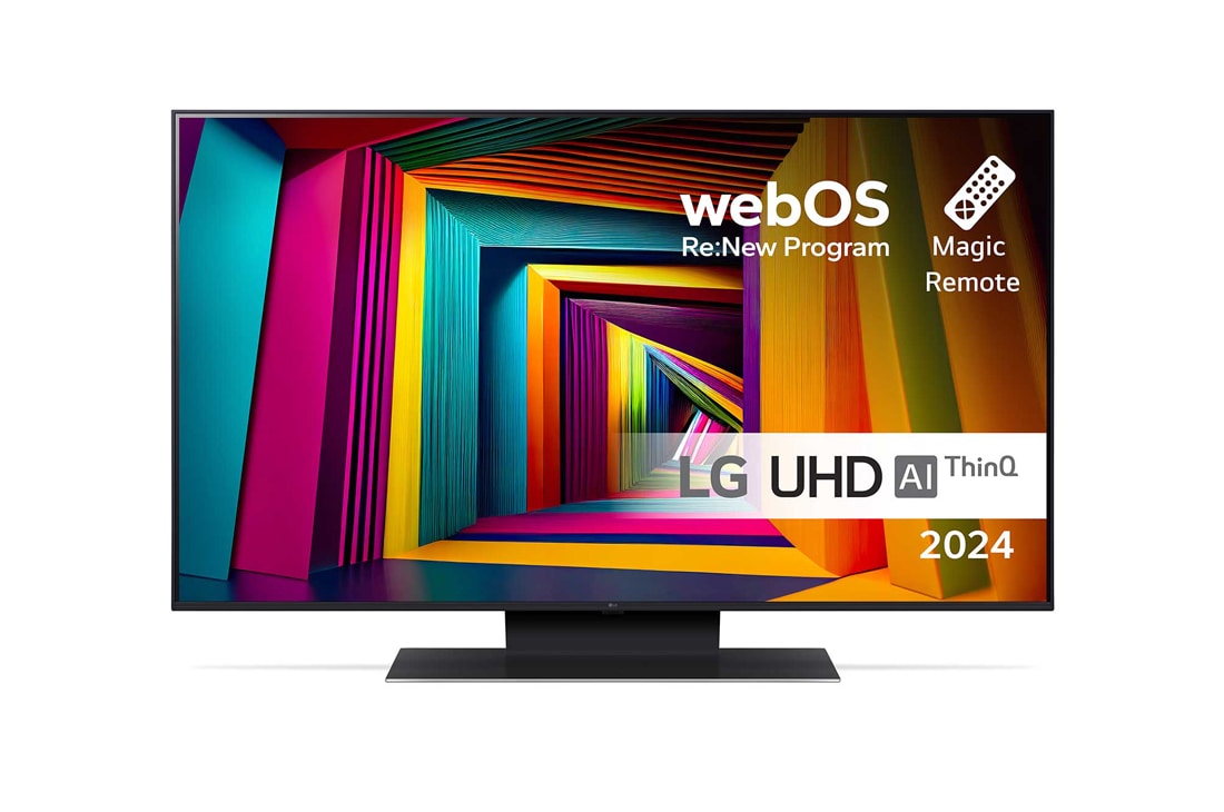 LG 43'' UHD UT91 - 4K TV (2024), Visning forfra av LG UHD TV, UT91 med teksten LG UHD AI ThinQ, 2024, og webOS Re:New Program-logoen på skjermen, 43UT91006LA