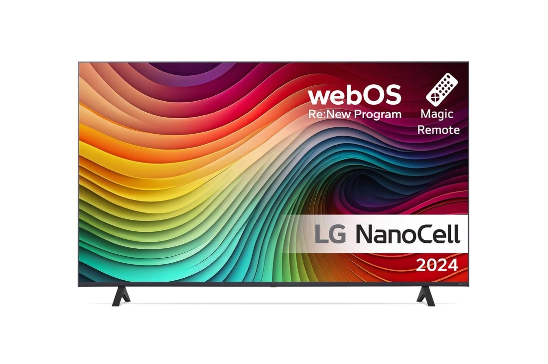 LG 86'' NANO 81 - NanoCell 4K Smart TV (2024), LG NanoCell TV, NANO81 sett forfra med tekst fra LG NanoCell, 2024, webOS Re:New Program-logo og Magic Remote på skjermen, 86NANO81T6A