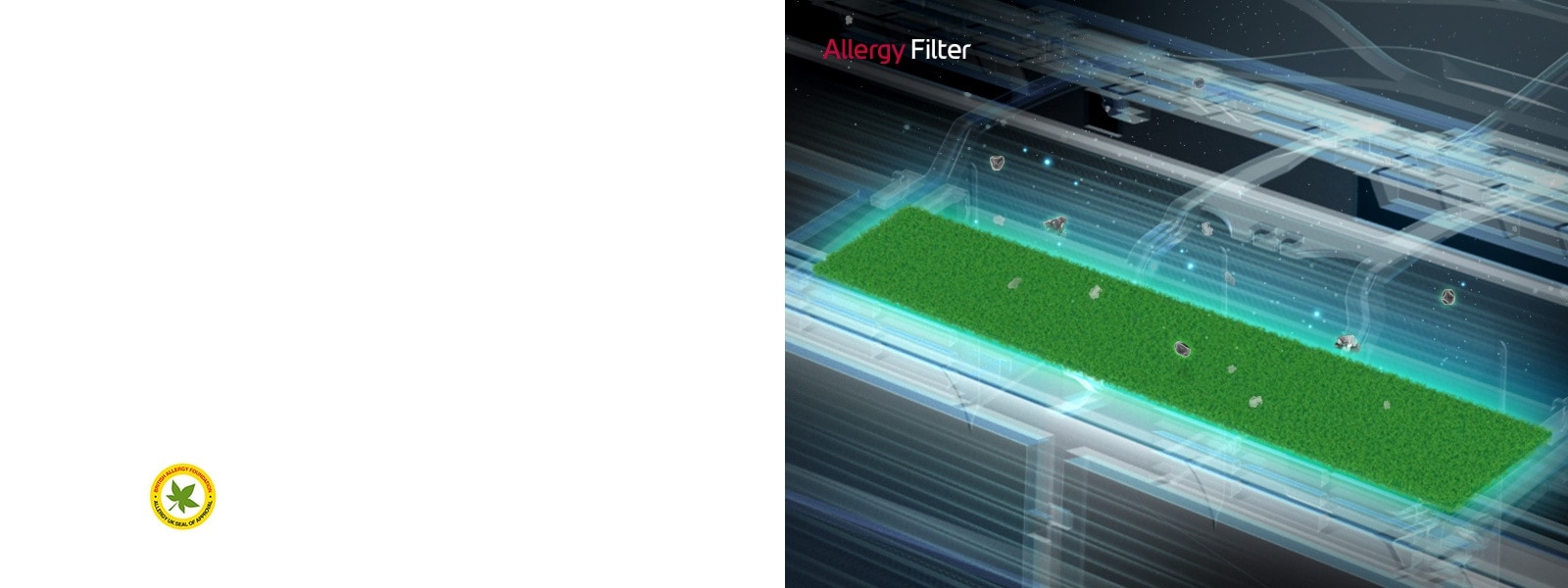 An image of the interior of the filtration system with a view of the Allergy Filter. The other parts are darker as the allergy filter is focused on with neon light surrounding it. Dust particles are being caught in the filter. Reads Allergy Filter in the upper left corner. The BAF logo is next to the image.