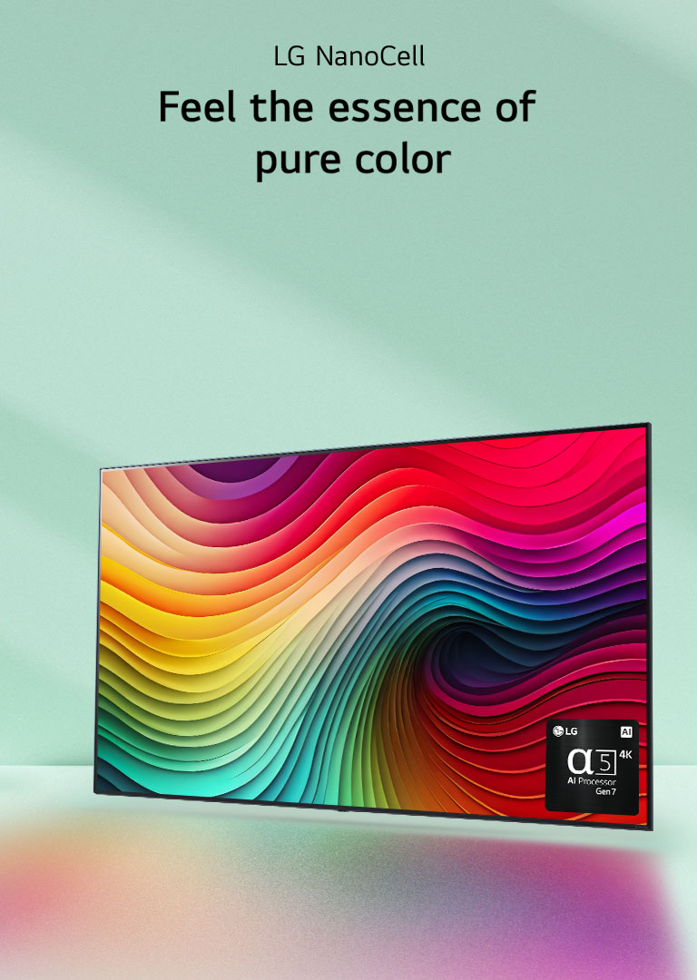 LG NanoCell TV against mint green backdrop with multi-colored swirls artwork on display and picture of alpha 5 AI Processor Gen 7 in bottom right corner. Light radiates, casting colorful shadows below.