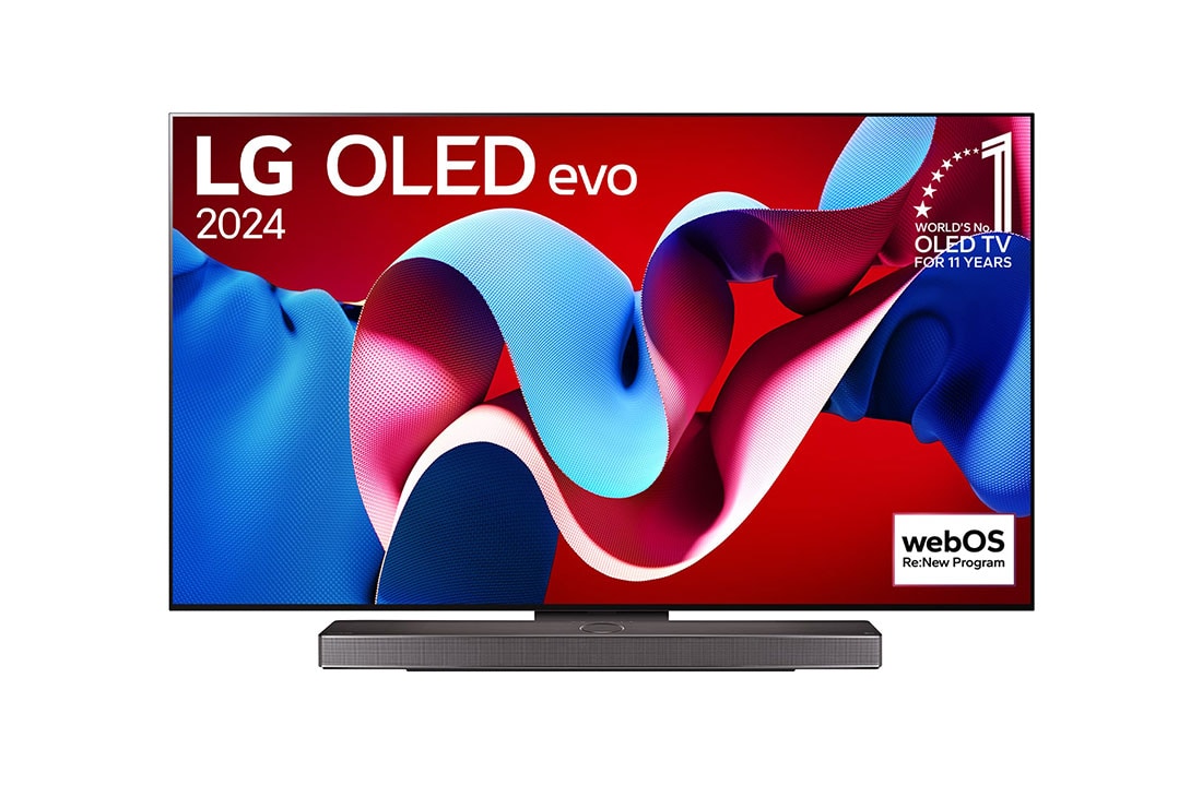 LG 55 Inch LG OLED evo C4 4K Smart TV 2024, Front view with LG OLED evo TV, OLED C4, 11 Years of world number 1 OLED Emblem logo and webOS Re:New Program logo on screen, as well as the Soundbar below, OLED55C4PSA