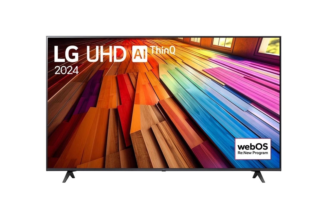 LG 55 Inch LG UHD UT80 4K Smart TV 2024, Front view of LG UHD TV, UT80 with text of LG UHD AI ThinQ, 2024, and webOS Re:New Program logo on screen, 55UT8050PSB