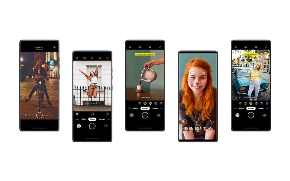 The LG creator's kit showing the different camera features on five different LG WING smartphones