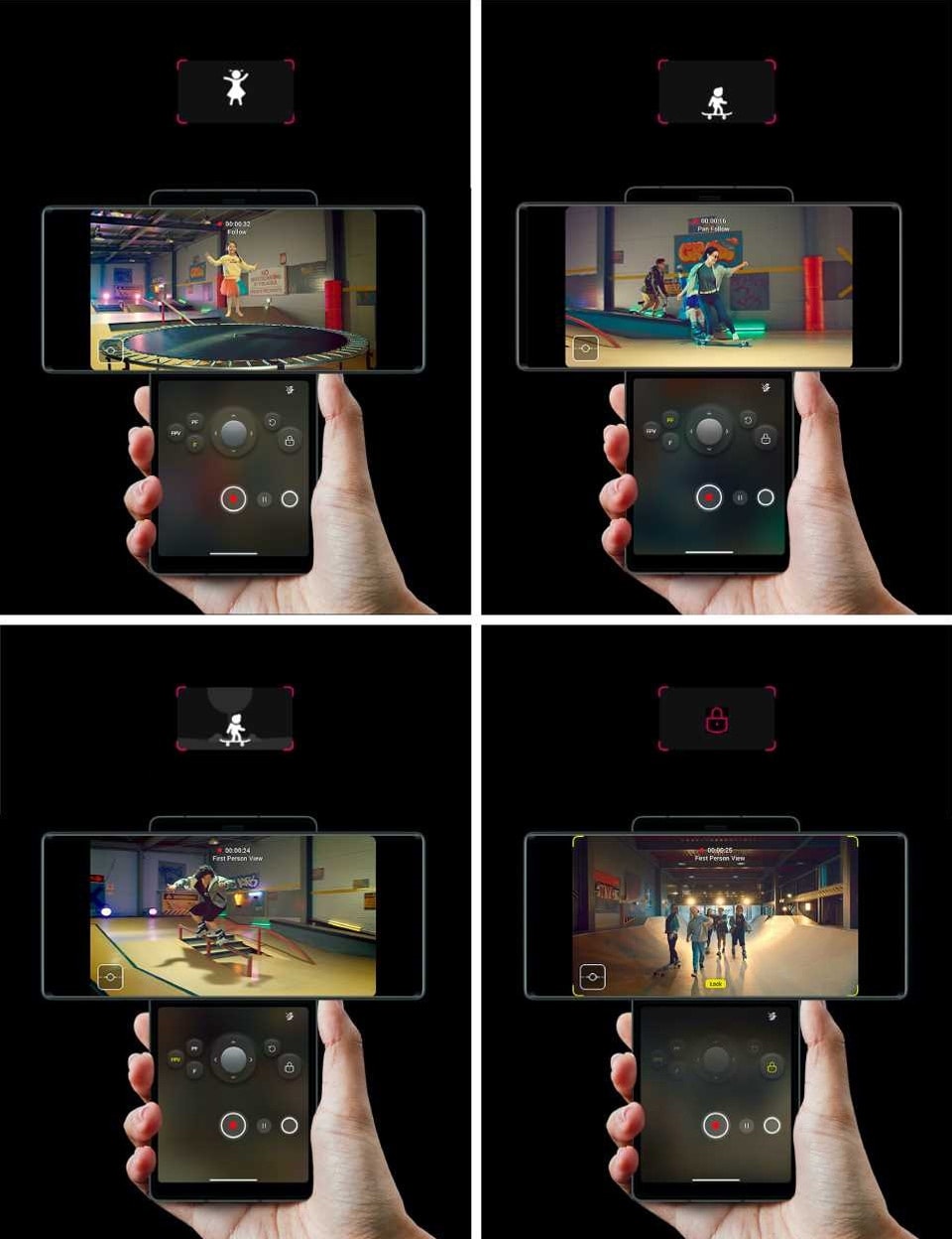 The four different recording modes available with the gimbal motion camera feature of the LG WING