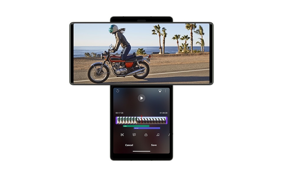 The LG WING showing the editing of a video clip of a person riding a motorbike