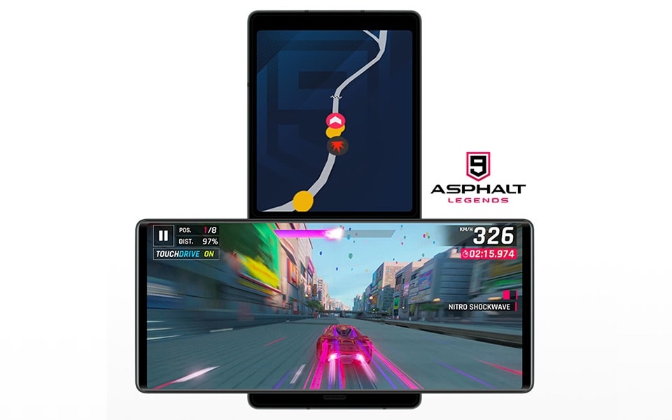 The LG WING in swivel mode providing a mini map on the additional vertical screen while gameplay is on the main horizontal screen