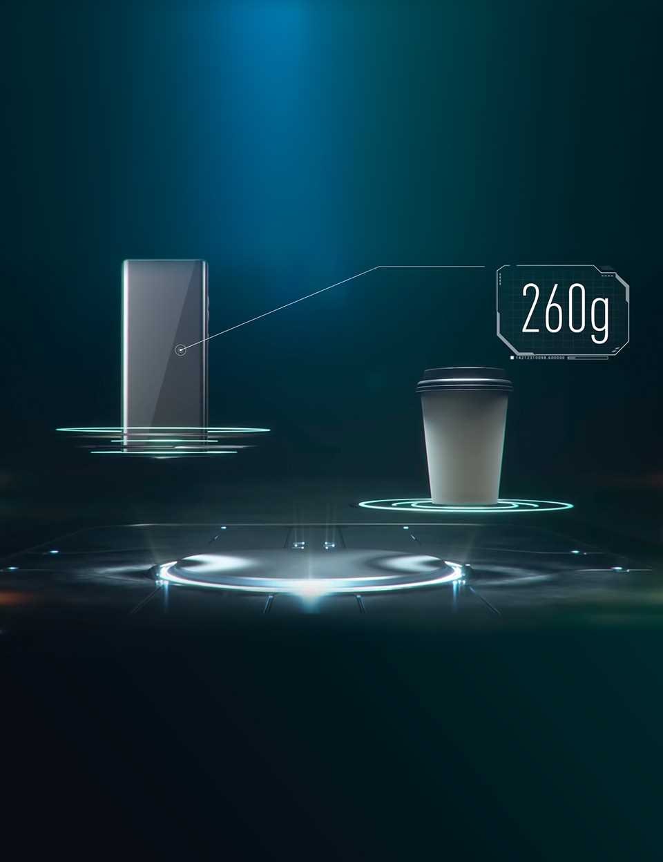 A visual showing that the LG WING lighter than a 260 gram coffee