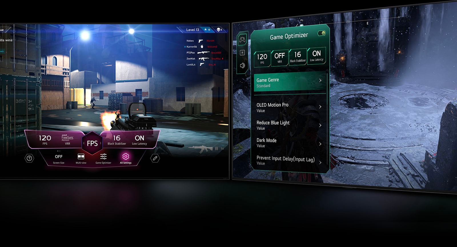 O scenă de joc FPS cu Panoul de comandă pentru joc care apare pe ecran în timpul jocului. O scenă întunecată, de iarnă, cu meniul Game Optimizer care apare deasupra jocului. 