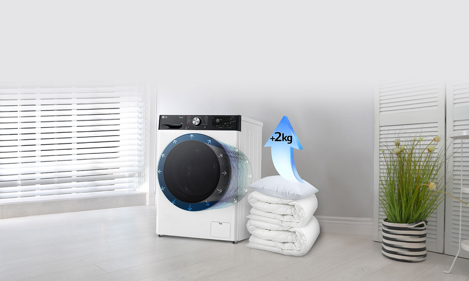 Păturile și pernele sunt lângă mașina de spălat, iar acolo se află o săgeată care indică o creștere de 2 kg pentru pernă.