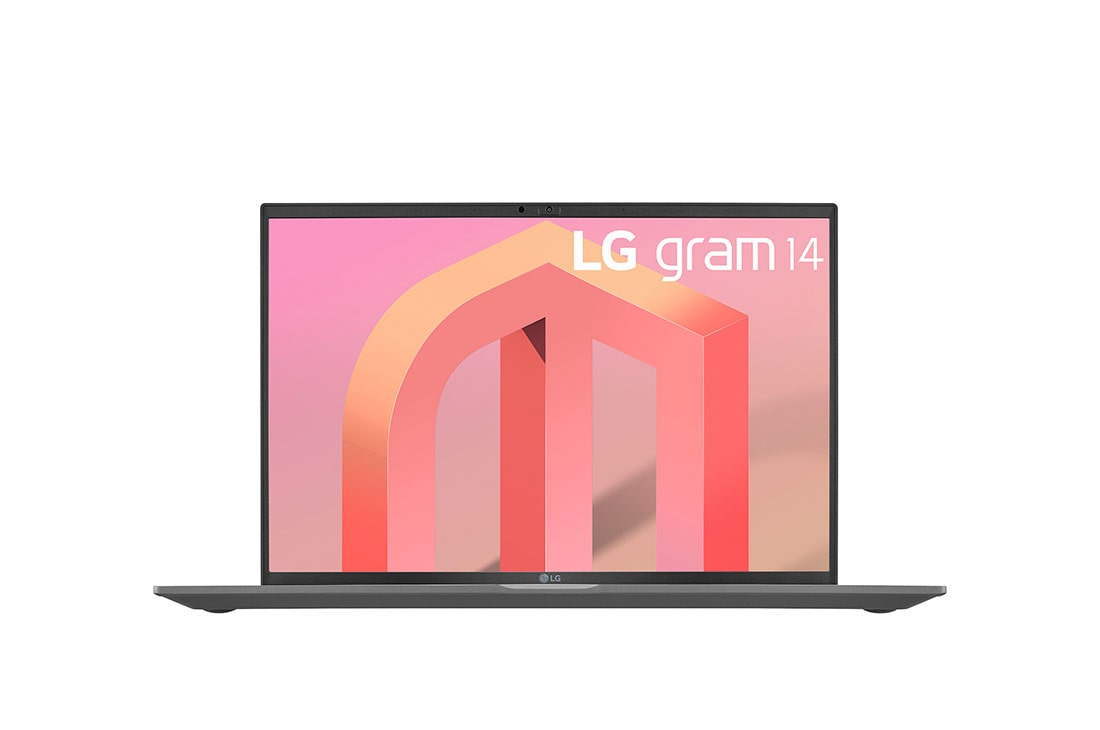 LG gram de 14” ultra-ușor cu 16:10 IPS afișaj anti-reflex și procesor Intel® Evo de a 12-a generație, vedere frontală, 14Z90Q-G