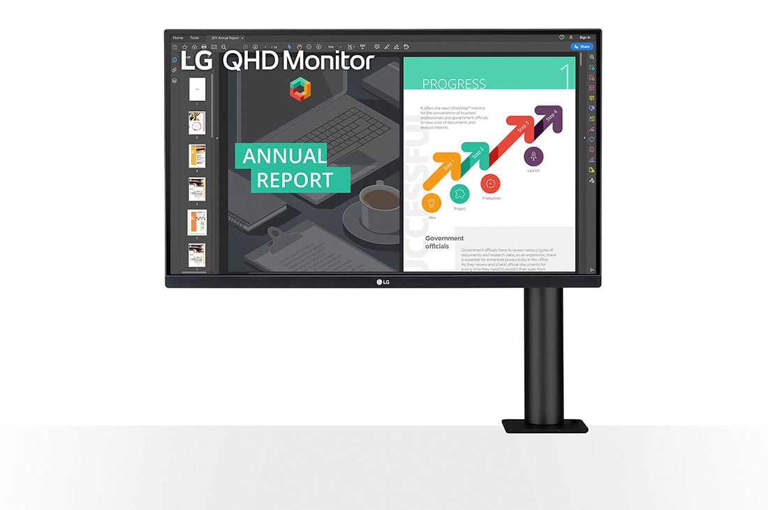 LG Monitor IPS QHD Ergo IPS de 27'' cu USB Type-C™, Vedere frontală cu brațul monitorului în partea dreaptă, 27QN880-B